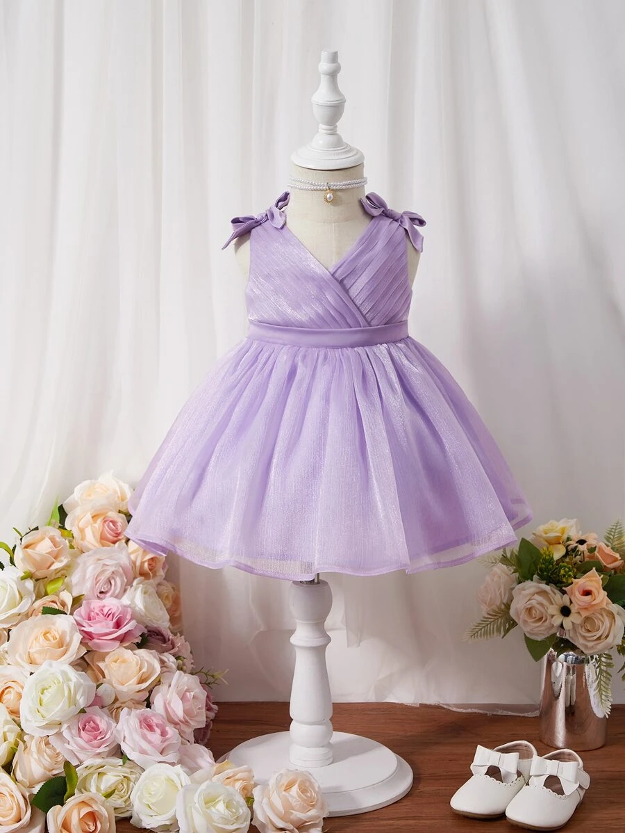 SHEIN Đầm em bé Trọn gói Dây kéo Nơ Bướm Xếp li màu trơn - Màu Lilac Tím - Xem 1