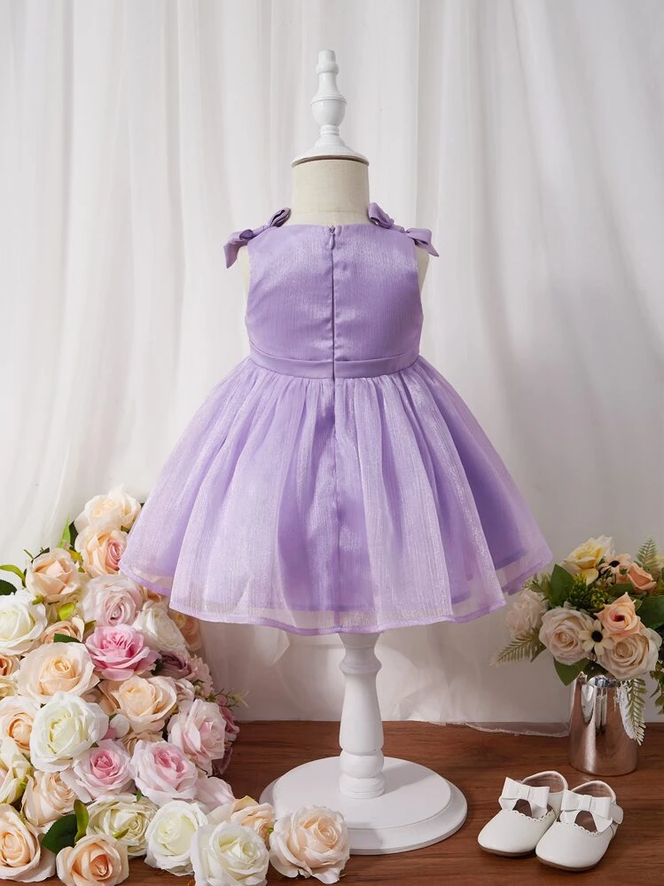 SHEIN Baby Bow Shoulder Mesh Overlay Dress - Lilac Purple - View 2