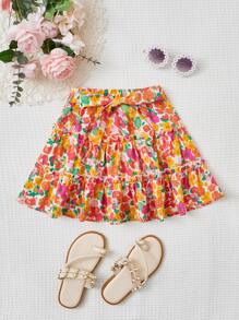 SHEIN Toddler Girls Floral Print Layered Hem Belted Skirt - Multicolor - View 1