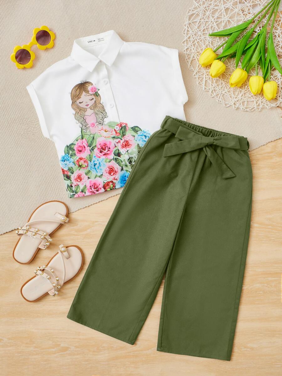 SHEIN 小女童人物和花卉圖案蝙蝠袖襯衫和腰帶長褲