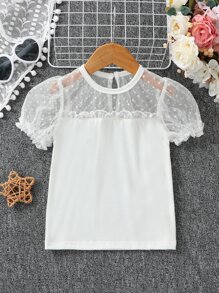 SHEIN 女童白色純色簡約時尚t恤,小圓領泡泡袖款式,適用於夏季 - 白色 - 查看 1