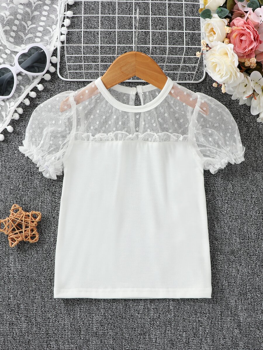 SHEIN 女童白色純色簡約時尚t恤,小圓領泡泡袖款式,適用於夏季 - 白色 - 查看 1