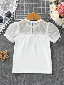 SHEIN 女童白色純色簡約時尚t恤,小圓領泡泡袖款式,適用於夏季 - 白色 - 查看 2