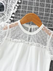 SHEIN 女童白色純色簡約時尚t恤,小圓領泡泡袖款式,適用於夏季 - 白色 - 查看 3