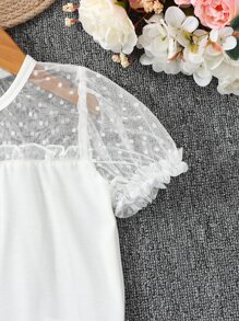 SHEIN 女童白色純色簡約時尚t恤,小圓領泡泡袖款式,適用於夏季 - 白色 - 查看 4