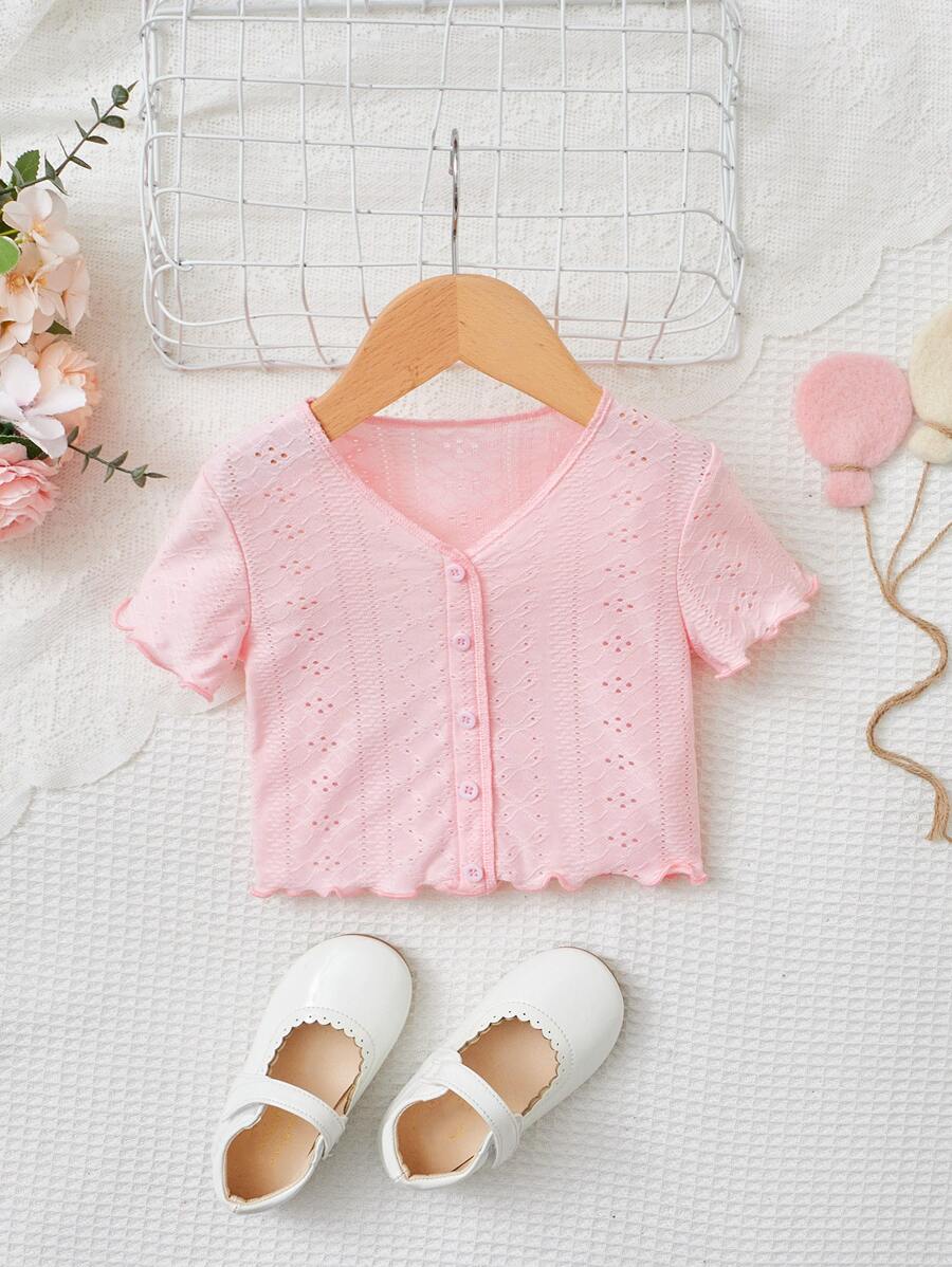 SHEIN Toddler Girls Lettuce Trim Button Front Tee - Baby Pink - View 1