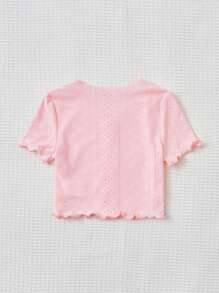 SHEIN Toddler Girls Lettuce Trim Button Front Tee - Baby Pink - View 2