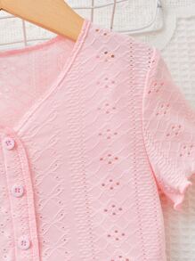 SHEIN Toddler Girls Lettuce Trim Button Front Tee - Baby Pink - View 3