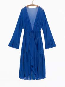 SHEIN Swim Lettuce Trim Ruffle Trim Flounce Sleeve Kimono,Summer Beach - Royal Blue - View 3