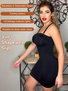 Detachable Straps Tummy Control Butt lift Shapewear Slips - Black - View 1