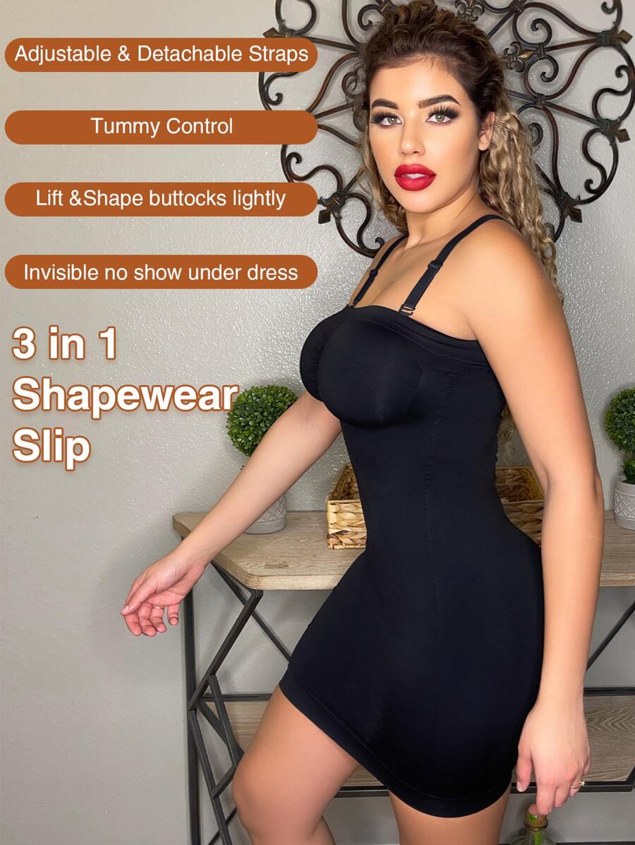 Detachable Straps Tummy Control Butt lift Shapewear Slips - Black - View 1
