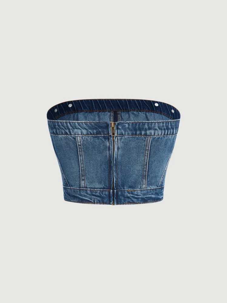 SHEIN ICON Zip Back Tube Denim Top - Medium Wash - View 2