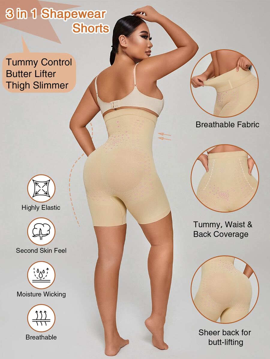 Shorts de fajas de talle alto control de barriga push up para glúteos muslo más delgado - Beis - Ver 1