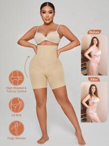 Shorts de fajas de talle alto control de barriga push up para glúteos muslo más delgado - Beis - Ver 6