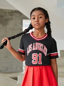 Girls Letter Graphic Striped Trim Tee - Black - View 1