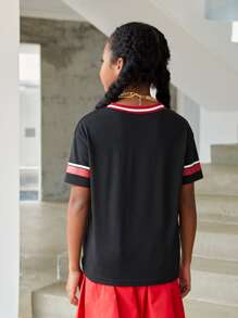 Girls Letter Graphic Striped Trim Tee - Black - View 2