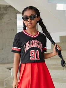 Girls Letter Graphic Striped Trim Tee - Black - View 3