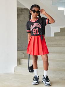 Girls Letter Graphic Striped Trim Tee - Black - View 4
