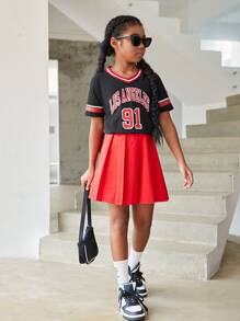 Girls Letter Graphic Striped Trim Tee - Black - View 5