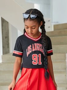 Girls Letter Graphic Striped Trim Tee - Black - View 6