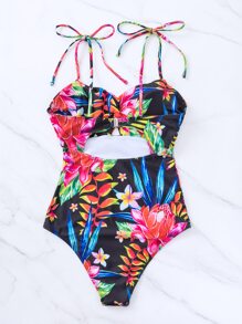 Bañador una pieza con estampado tropical de hombros con cordón - Multicolor - Ver 2