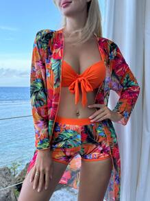 Swim Vcay Tropical Print Knot Front Push Up Summer Beach Bikini Set With Kimono - Multicolor - View 5