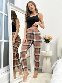 Crop Cami Top & Plaid Print Trousers PJ Set - Multicolor - View 3