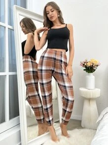 Crop Cami Top & Plaid Print Trousers PJ Set - Multicolor - View 5