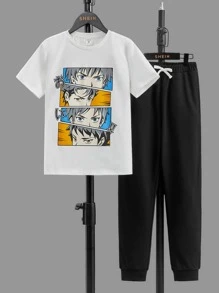 SHEIN garotos figura gráfica Camiseta & cintura com cordão Calças de treino