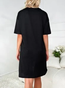 Bear Print Drop Shoulder Pajama Nightdress - Black - View 2