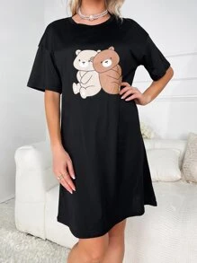 Bear Print Drop Shoulder Pajama Nightdress - Black - View 3