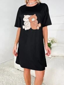 Bear Print Drop Shoulder Pajama Nightdress - Black - View 5