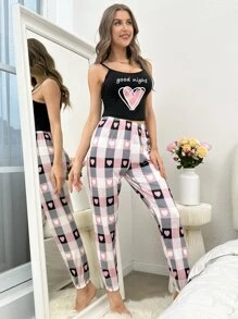 Heart & Letter Graphic Cami Top & Plaid Pants PJ Set / Pajama Set - Multicolor - View 5