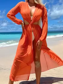 SHEIN Swim Cut Out Waist Split Thigh Mesh Cover Up,Summer Beach - Orange - View 1
