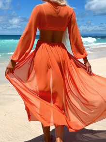 SHEIN Swim Cut Out Waist Split Thigh Mesh Cover Up,Summer Beach - Orange - View 2