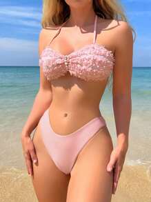SHEIN Pearls Decor Applique Summer Beach Bikini Set With Drawstring Beach Skirt - Baby Pink - View 6