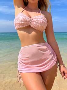 SHEIN Pearls Decor Applique Summer Beach Bikini Set With Drawstring Beach Skirt - Baby Pink - View 7