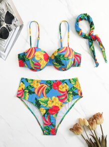Bộ bikini đi biển mùa hè có gọng in hoa kèm băng đô - Nhiều màu - Xem 5