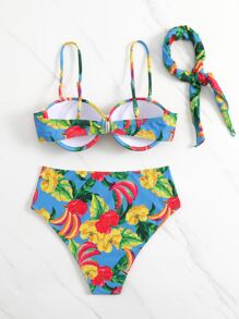 Bộ bikini đi biển mùa hè có gọng in hoa kèm băng đô - Nhiều màu - Xem 2