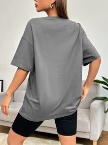 SHEIN EZwear Áo phông rộng vai hở vai in khẩu hiệu TÔI KHÔNG QUAN TÂM ĐẾN Ý KIẾN CỦA BẠN - Xám - Xem 3