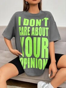 SHEIN EZwear Áo phông rộng vai hở vai in khẩu hiệu TÔI KHÔNG QUAN TÂM ĐẾN Ý KIẾN CỦA BẠN - Xám - Xem 2