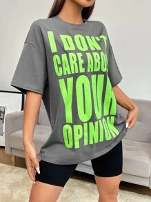 SHEIN EZwear Áo phông rộng vai hở vai in khẩu hiệu TÔI KHÔNG QUAN TÂM ĐẾN Ý KIẾN CỦA BẠN - Xám - Xem 4