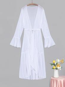 SHEIN Swim Lettuce Trim Ruffle Trim Flounce Sleeve Kimono,Summer Beach - White - View 4