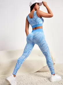 Marble Print Wide Waistband Sports Set - Blue and White - View 1