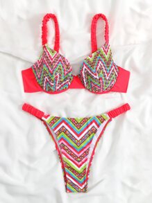 SHEIN Swim 人字紋波浪花邊立體支撐夏日沙灘比基尼套裝 - 彩色 - 查看 6