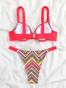 SHEIN Swim 人字紋波浪花邊立體支撐夏日沙灘比基尼套裝 - 彩色 - 查看 4