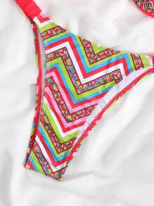 SHEIN Swim 人字紋波浪花邊立體支撐夏日沙灘比基尼套裝 - 彩色 - 查看 3