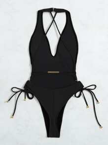 SHEIN Swim 素色側繫帶丁字褲連體泳衣 - 黑色 - 查看 2