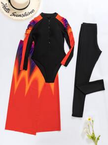 Swim Shayni Full Body Colorblock Burkini Swimsuit With Beach Skirt SummerArabic Clothing