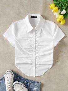 SHEIN Qutie Ruched Button Front Curved Hem Shirt - White - View 1